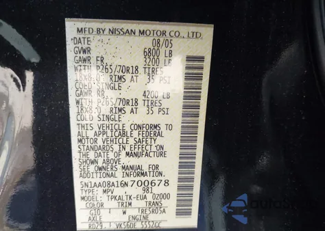 2006 Nissan Armada Se z USA, uszkodzony, nr VIN 5N1AA08A16N700678